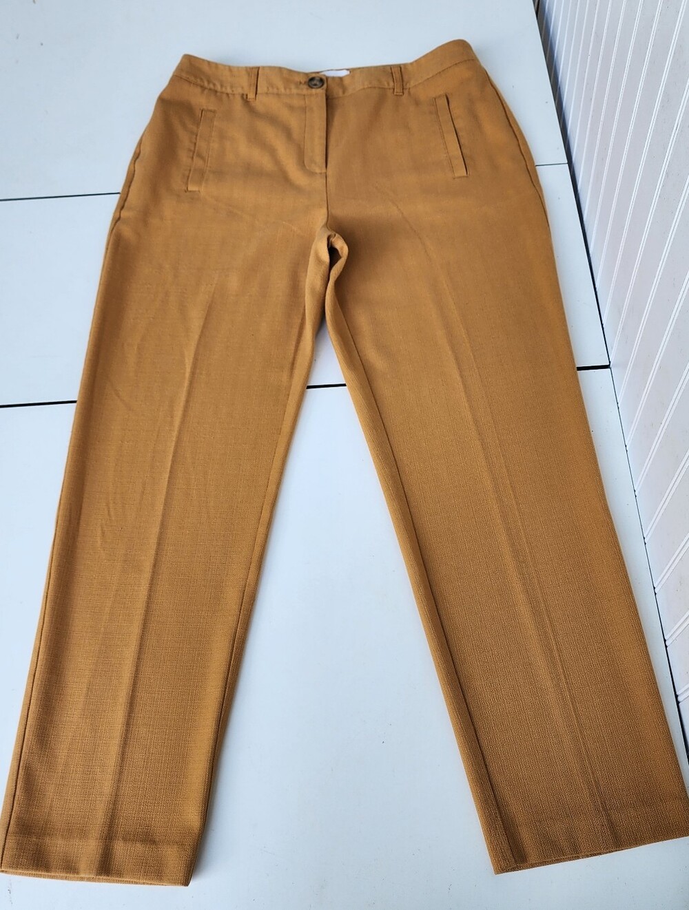 Chico’s Ankle Mustard Yellow Woven Textured Pants Work Careier Sz 1 M